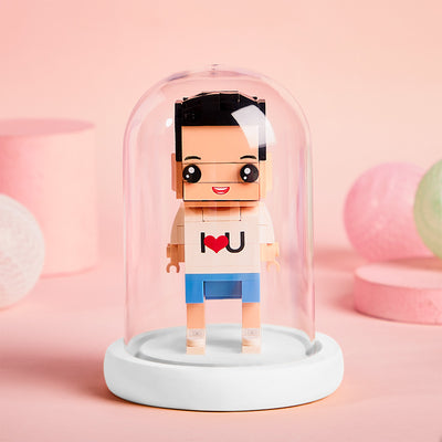 (No Brick Figures) Acrylic Anti-dust Cover Wooden Base with Light 8*12.5cm White Stand