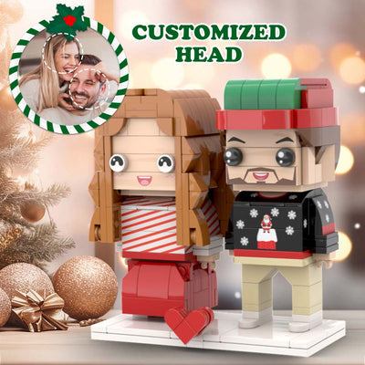 Ugly Christmas Matching Couple Sweater Red Custom Square Face Face Brick Figures Customizable Head 2 People Custom Brick Figures