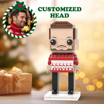 Ugly Christmas Sweater Red and White Custom Head Brick Figures Personalized Christmas Man Brick Figures Small Particle Block Man