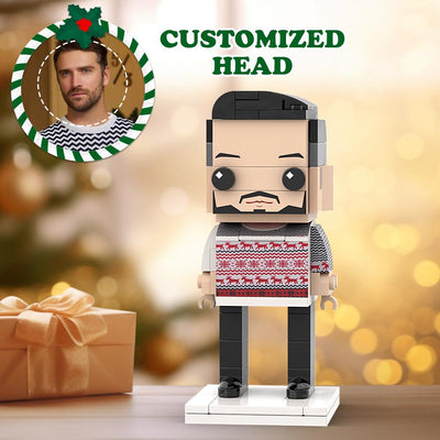 Ugly Christmas Sweater Grey and Red Custom Head Brick Figures Personalized Christmas Man Brick Figures Small Particle Block Man