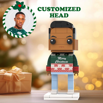 Ugly Christmas Sweater Classic Green And Red Custom Head Brick Figures Personalized Christmas Boy Brick Figures Small Particle Block Boy