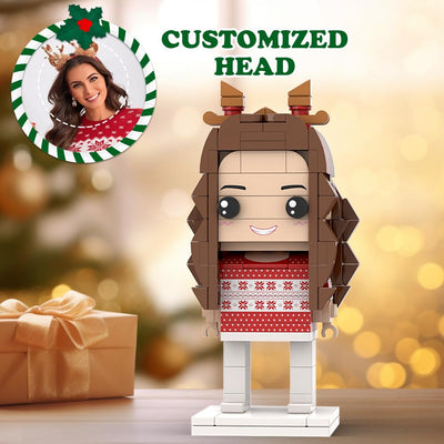 Ugly Christmas Sweater White And Red Custom Head Brick Figures Personalized Christmas Girl Brick Figures Small Particle Block Girl