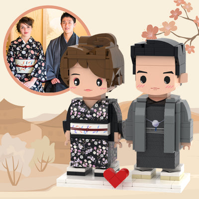 Customizable Fully Body 2 People Custom Brick Figures Black Kimono For Couples